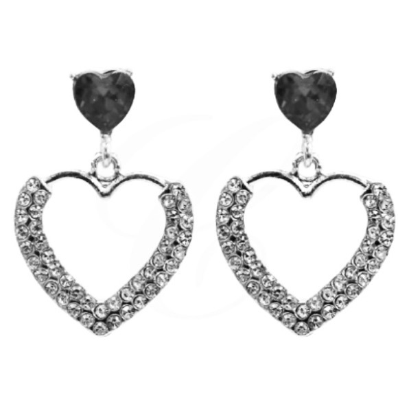 💗 Silver Crystal Black Heart Earrings NEW - Picture 2 of 4